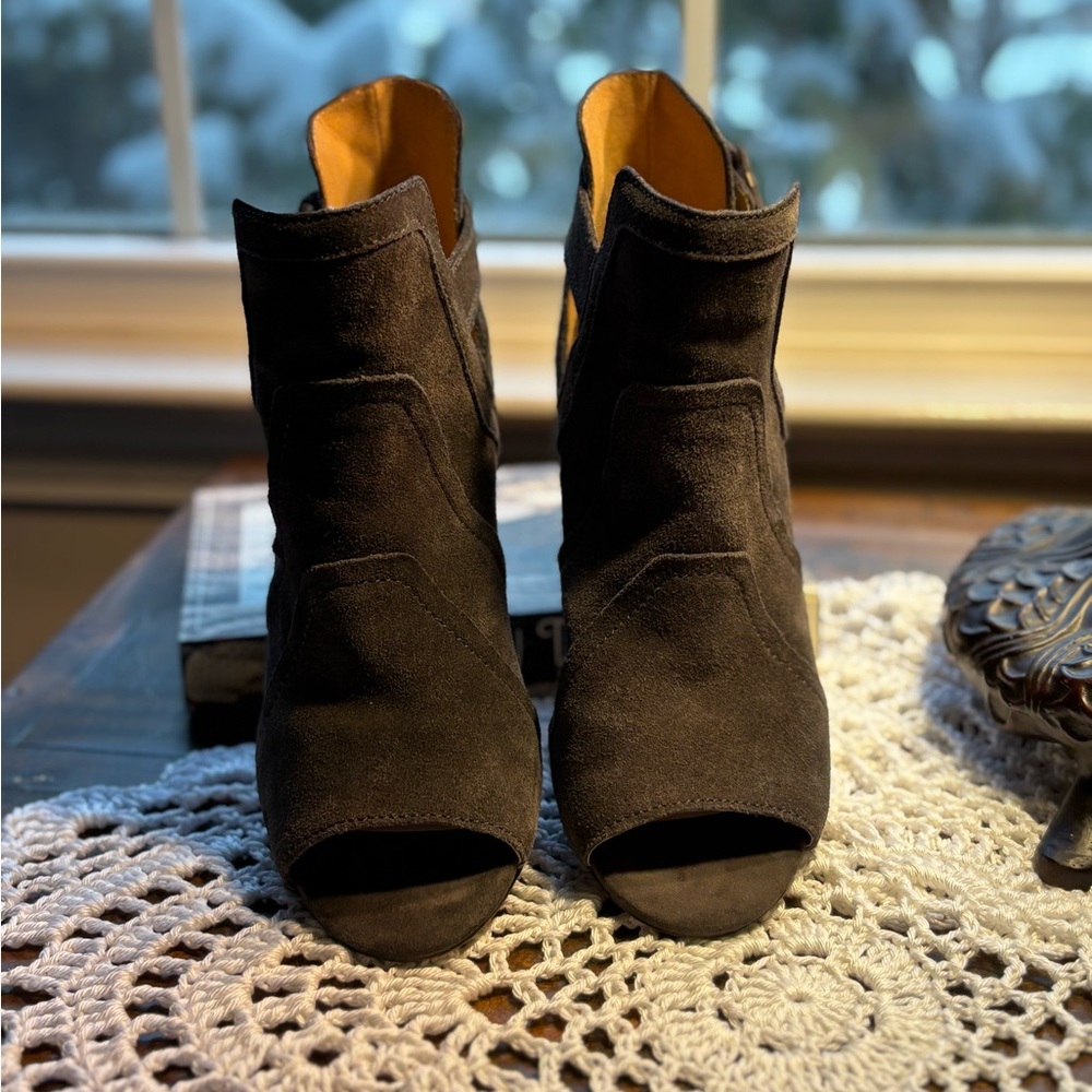 Black Suede Peep-Toe Ankle Boots